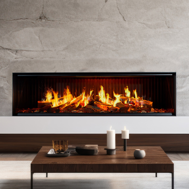 DaVinci 59 GreenSmart Electric fireplace in a stone feature wall