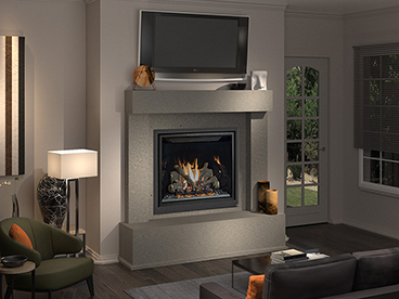 Built-in fireplace in a finished living room