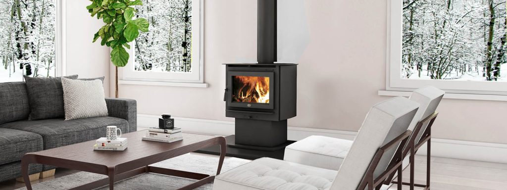 Lopi Evergreen pedestal wood stove in a bright living room