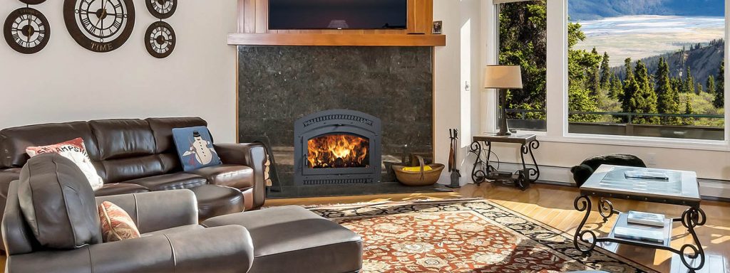 Wood-burning fireplace in a stone hearth